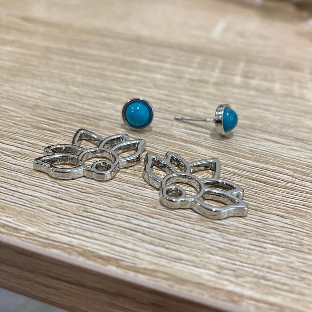 Silver Lotus Flower Blue Stone Jacket Earring - Picture 4 of 5